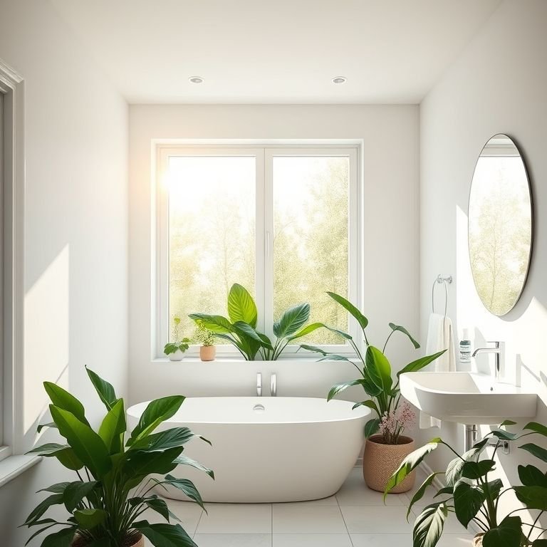 Banheiro iluminado com luz natural através de uma grande janela.