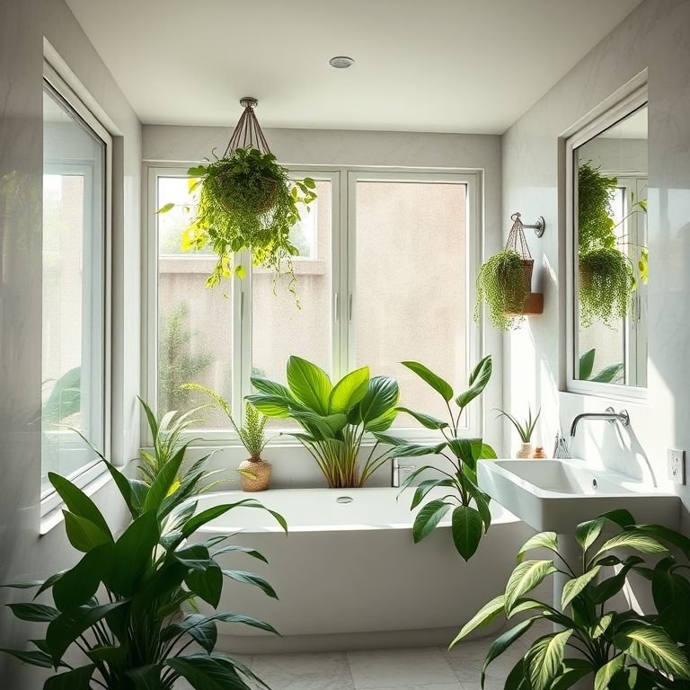 Banheiro iluminado com plantas prosperando sob luz natural.