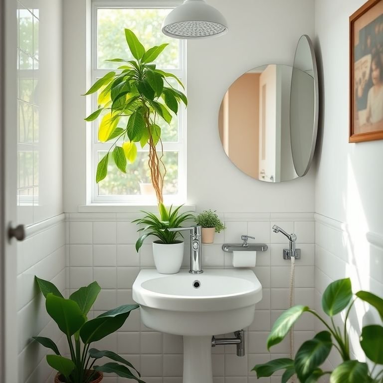 Banheiro impecável e vibrante após a limpeza, com plantas e luz natural.