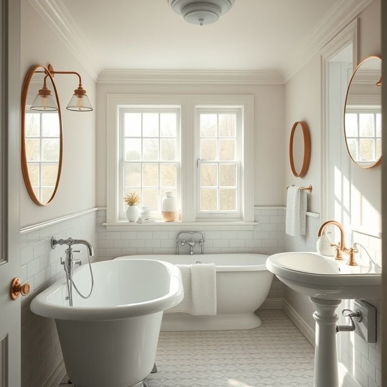 Banheiro inglês clássico com iluminação natural e detalhes em cobre.