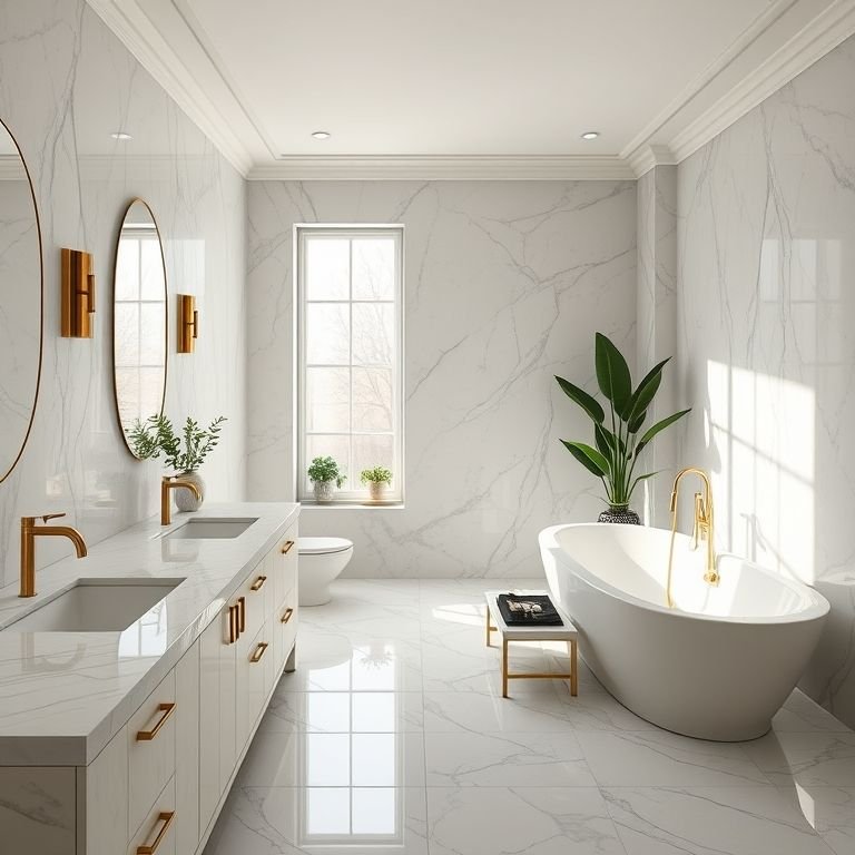 Banheiro luxuoso com mármore, iluminação natural e banheira elegante.