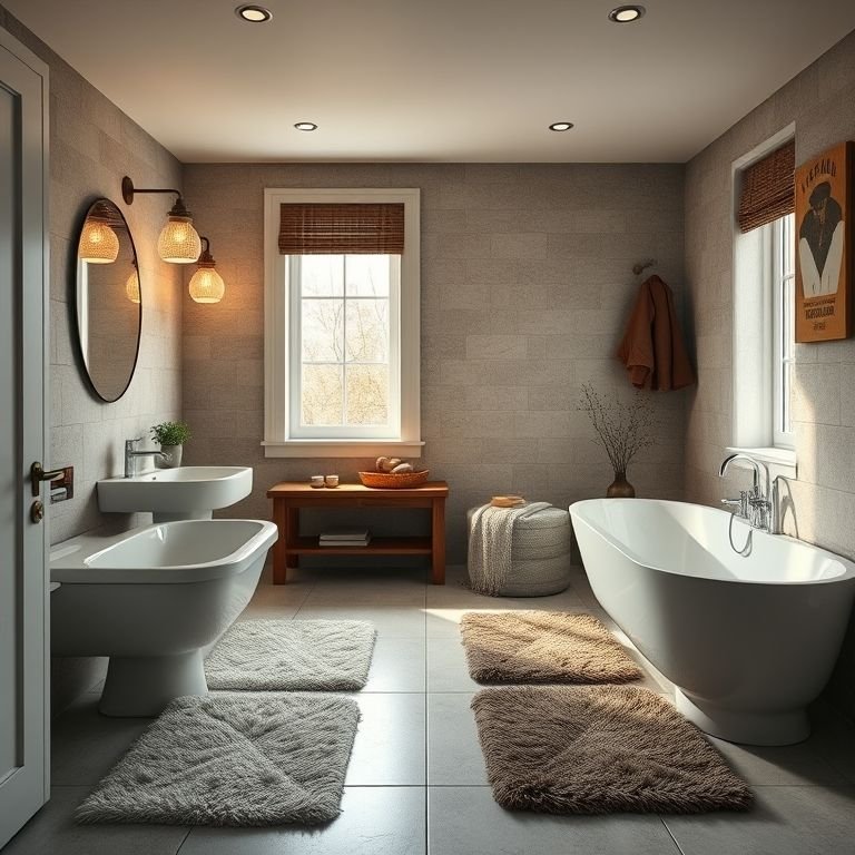 Banheiro masculino aconchegante com tapetes macios.