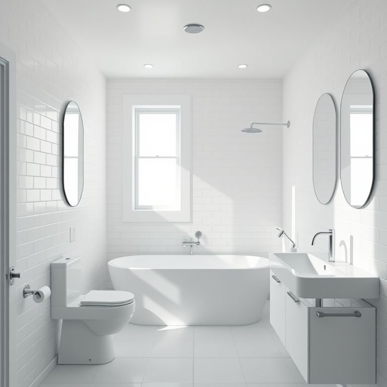 Banheiro masculino branco e clean com iluminação brilhante.