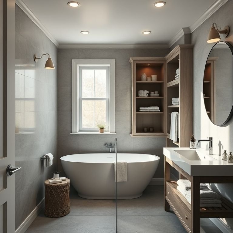 Banheiro masculino com nichos embutidos para organização.