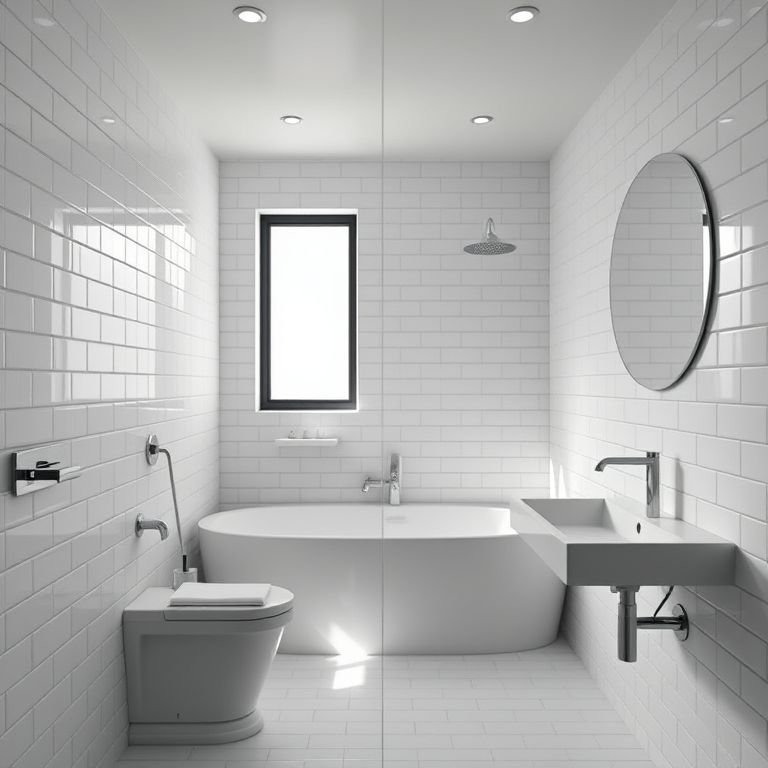 Banheiro masculino minimalista com linhas limpas e azulejos brancos.