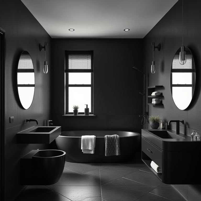 Banheiro masculino sofisticado em preto com acabamentos foscos.