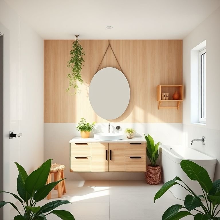 Banheiro minimalista e claro, com luz natural e toques de madeira clara.