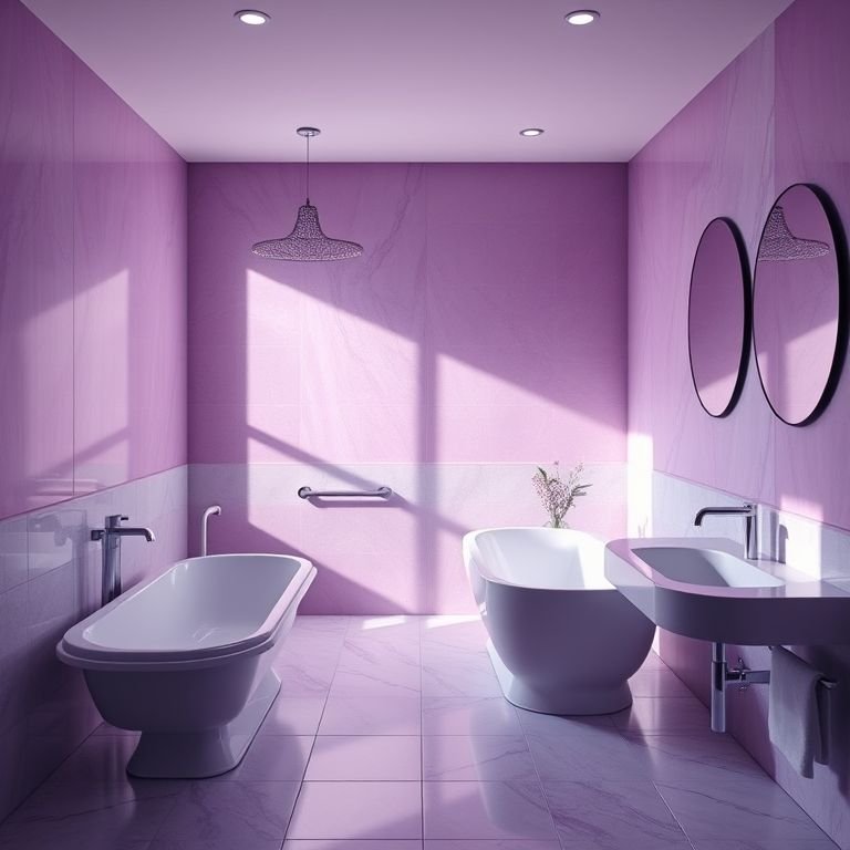 Banheiro místico com tons de roxo e iluminação suave.
