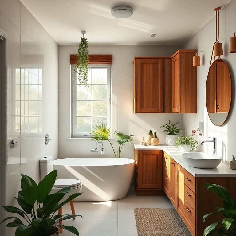 Banheiro moderno com armários planejados de madeira e decoração vibrante em estilo 'Farm Rio'.