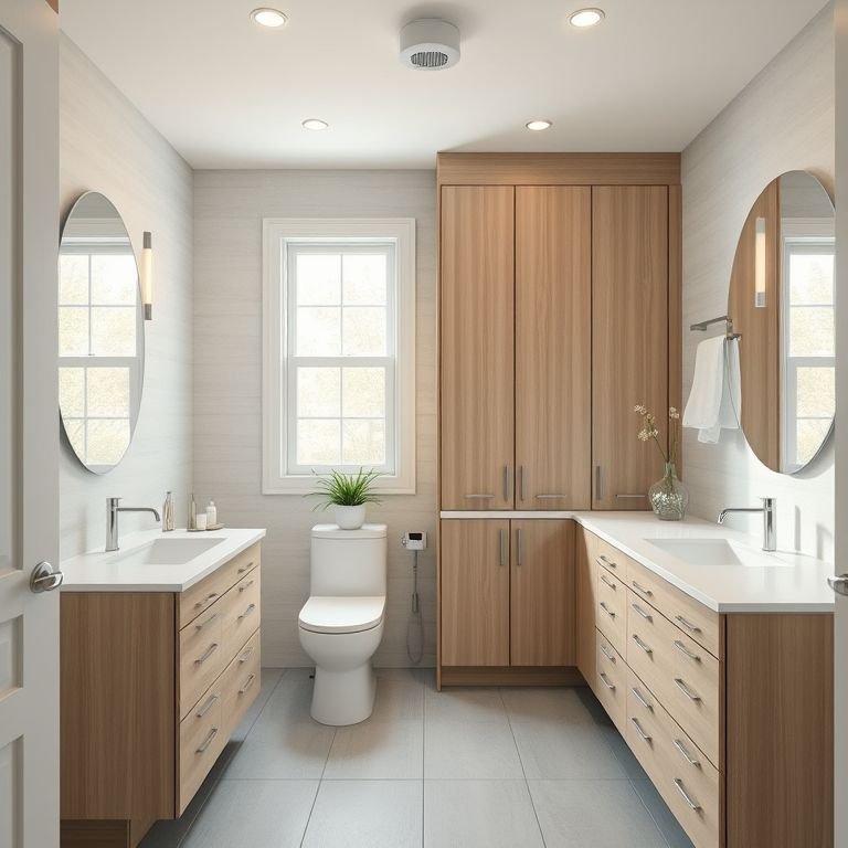 Banheiro moderno com armários planejados valorizando o imóvel.