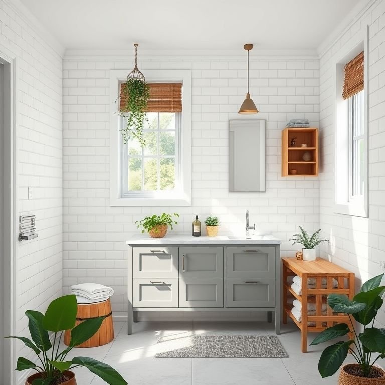 Banheiro moderno com azulejos brancos e armário cinza com detalhes em madeira.