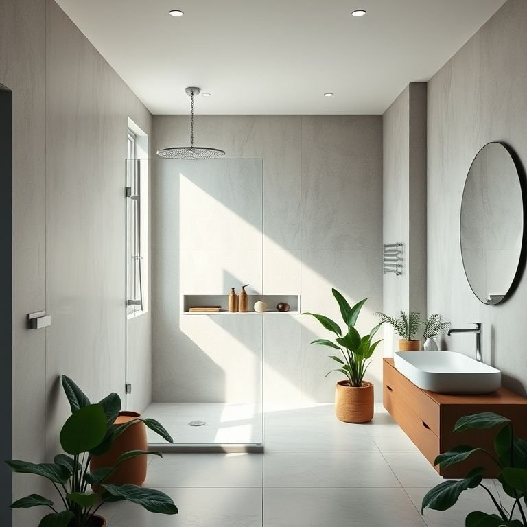 Banheiro moderno com box de vidro até o teto, iluminação natural e plantas.