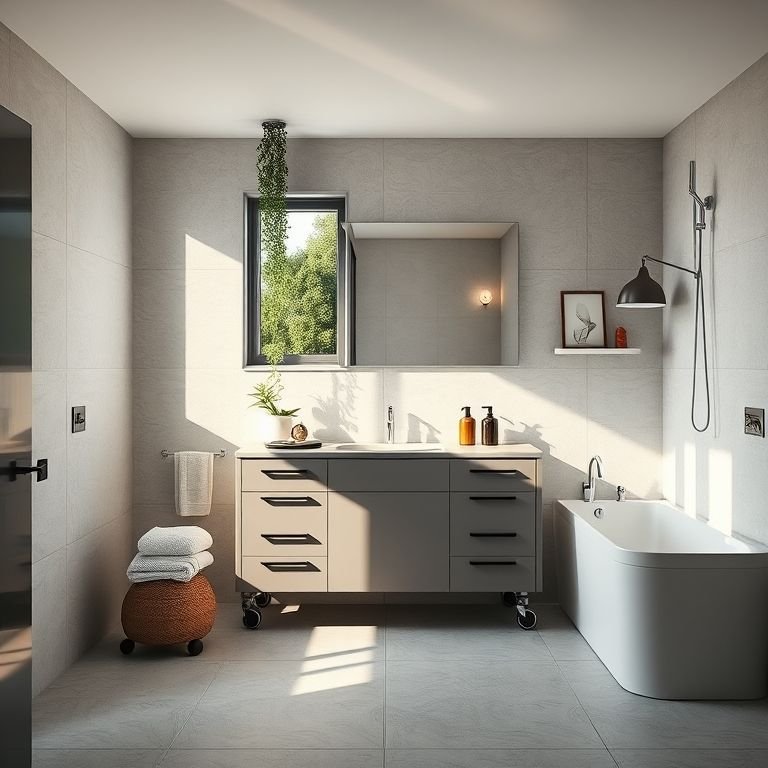 Banheiro moderno com gabinete de 80cm e rodízios com design diferenciado.