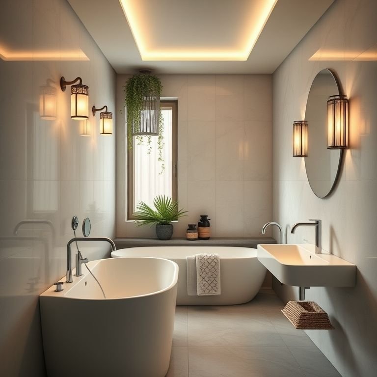 Banheiro moderno com iluminação LED suave, criando um ambiente sereno.