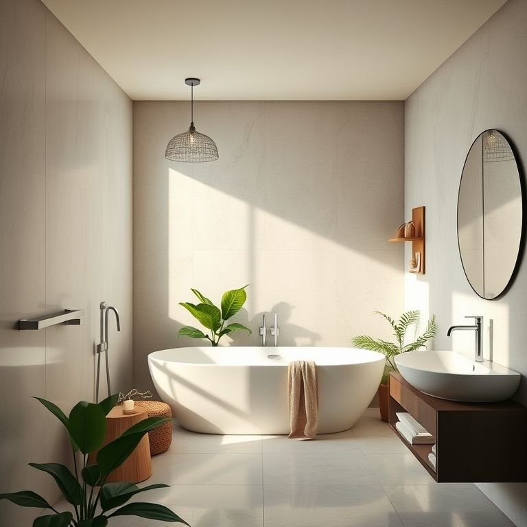 Banheiro moderno com iluminação suave e relaxante.