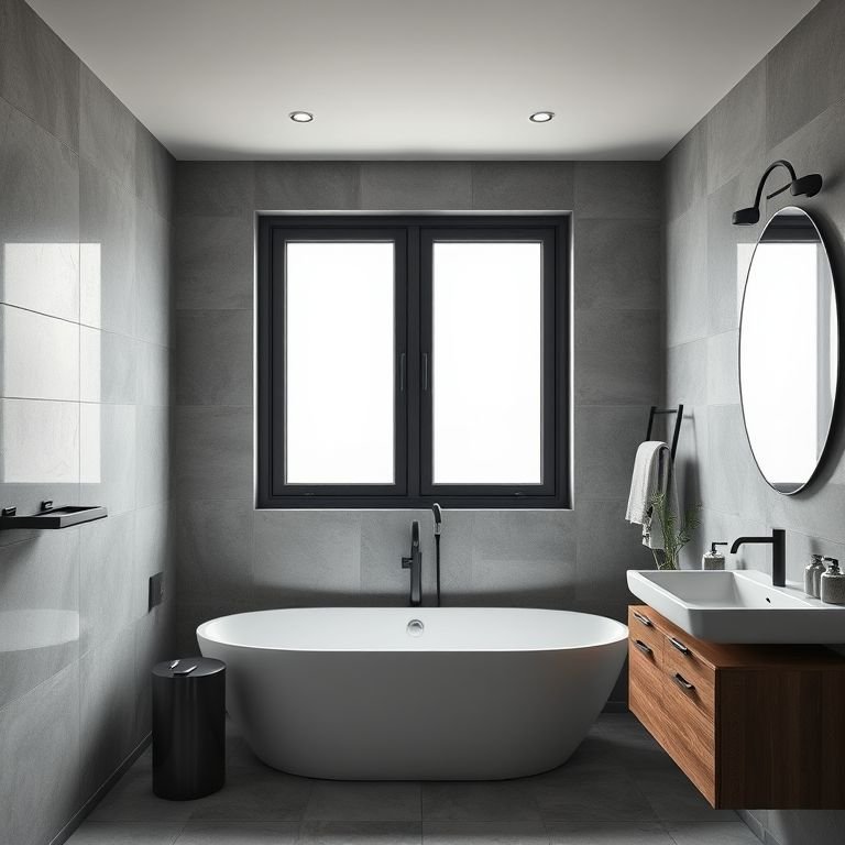 Banheiro moderno com janela de aço 80x60, estilo industrial e material durável.