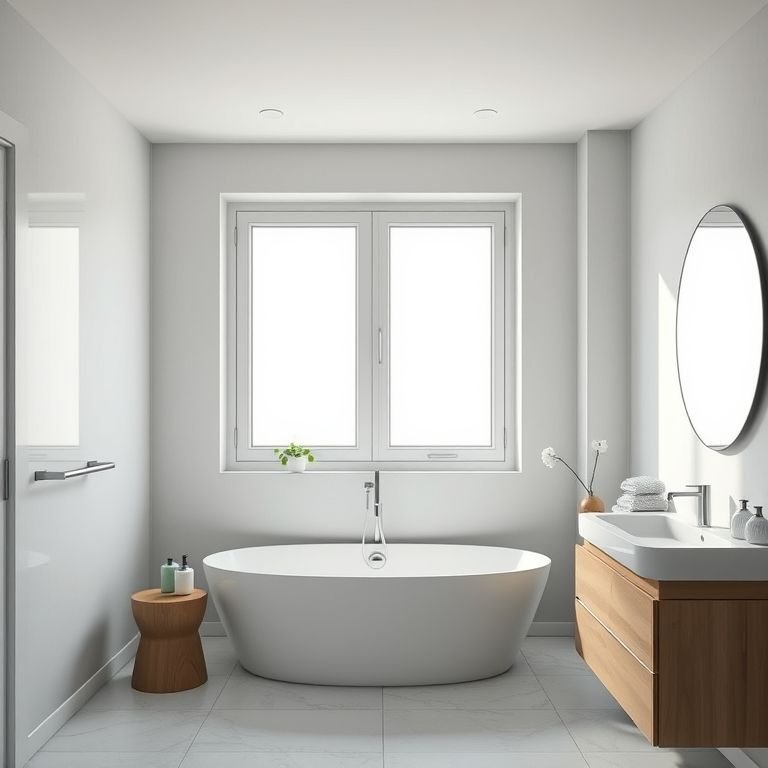 Banheiro moderno com janela maxim-ar 80x60, luz natural difusa e design limpo.