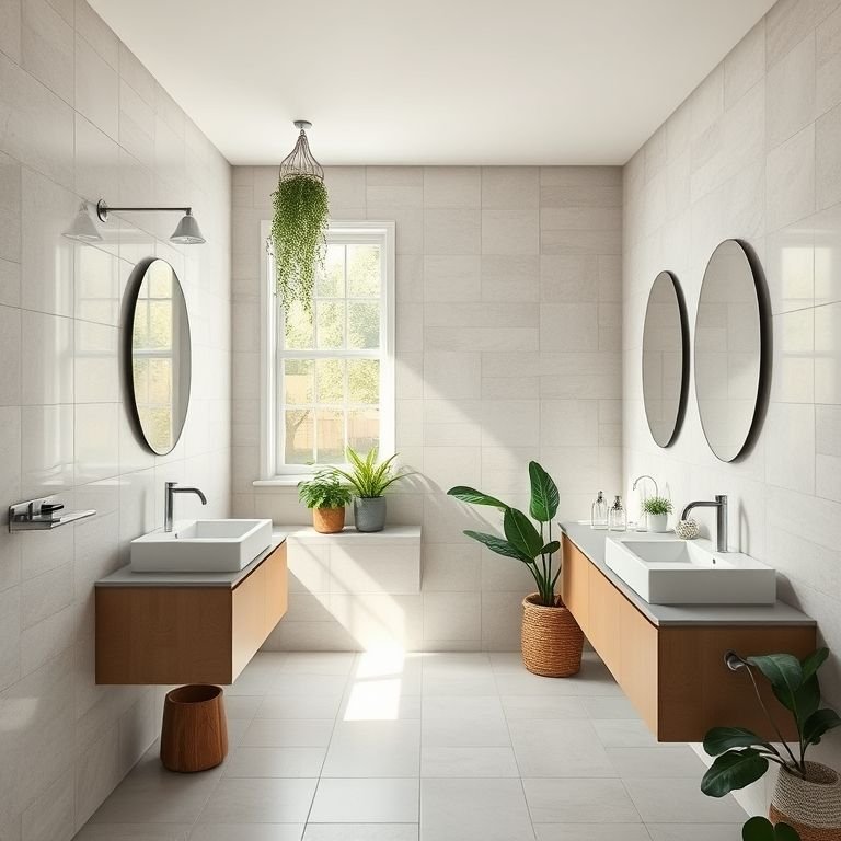 Banheiro moderno com layout bem planejado e iluminação natural.