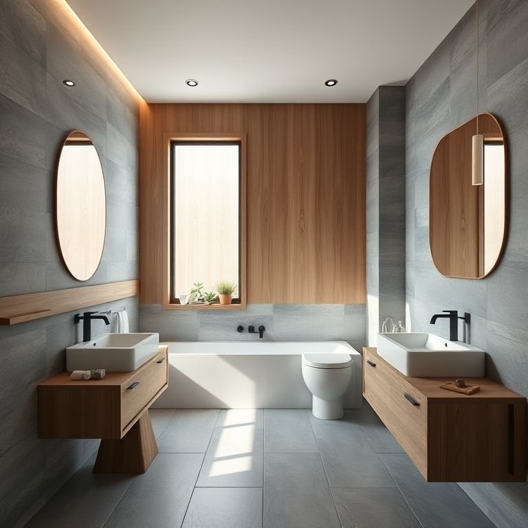 Banheiro moderno com madeira e cinza, design minimalista.