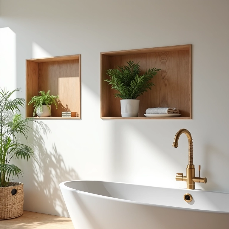 Banheiro moderno com nichos de madeira embutidos na parede, com plantas e itens decorativos.
