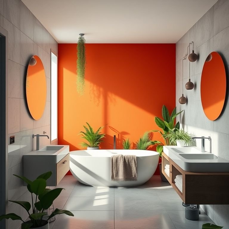 Banheiro moderno com parede de destaque colorida.