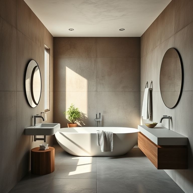 Banheiro moderno com paredes de cimento queimado e decoração minimalista.