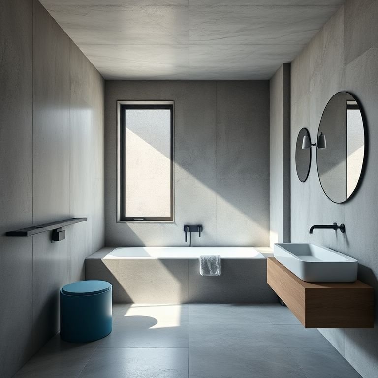 Banheiro moderno com paredes de cimento queimado e detalhes em azul, iluminado pela luz natural.