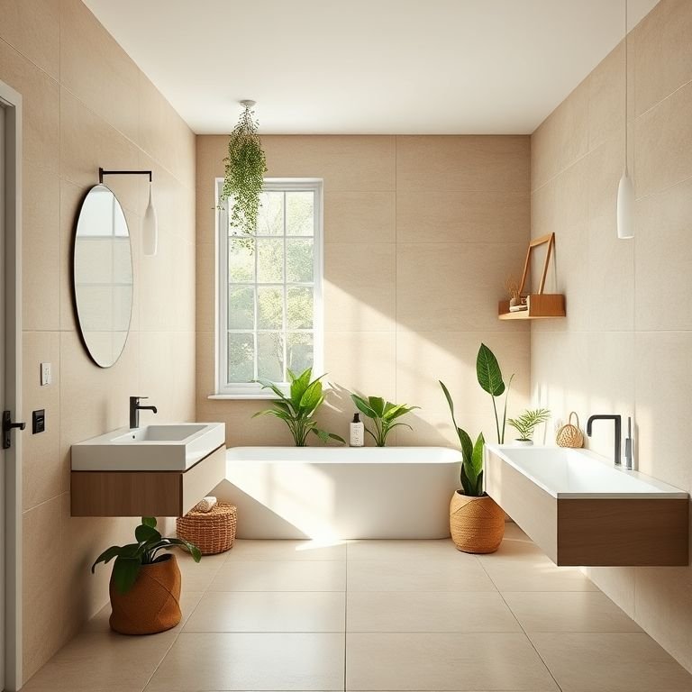 Banheiro moderno com porcelanato bege, iluminação natural e plantas.