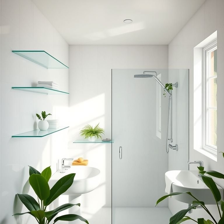 Banheiro moderno com prateleiras e box de vidro, espelho amplo e iluminação natural.