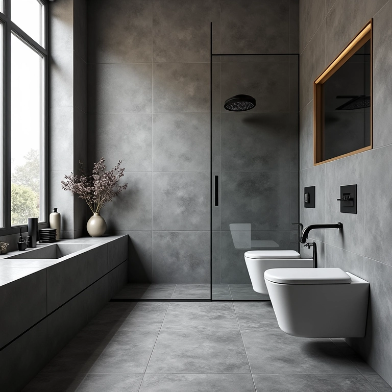 Banheiro moderno com revestimento cinza e preto, design minimalista e iluminação natural.