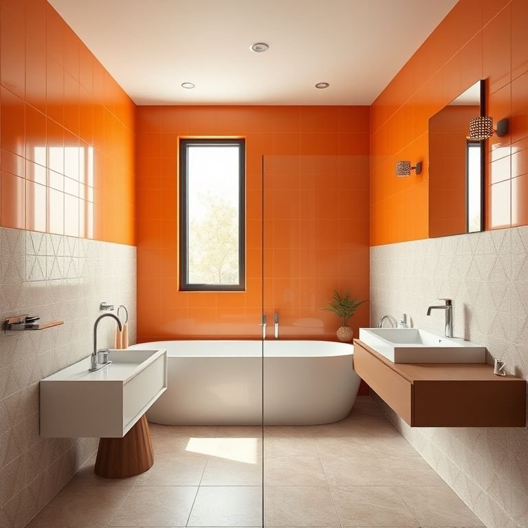 Banheiro moderno com tons de laranja vibrante e design contemporâneo.