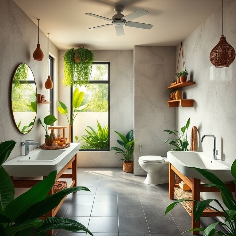 Banheiro moderno integrado a área gourmet com luz natural e plantas tropicais.