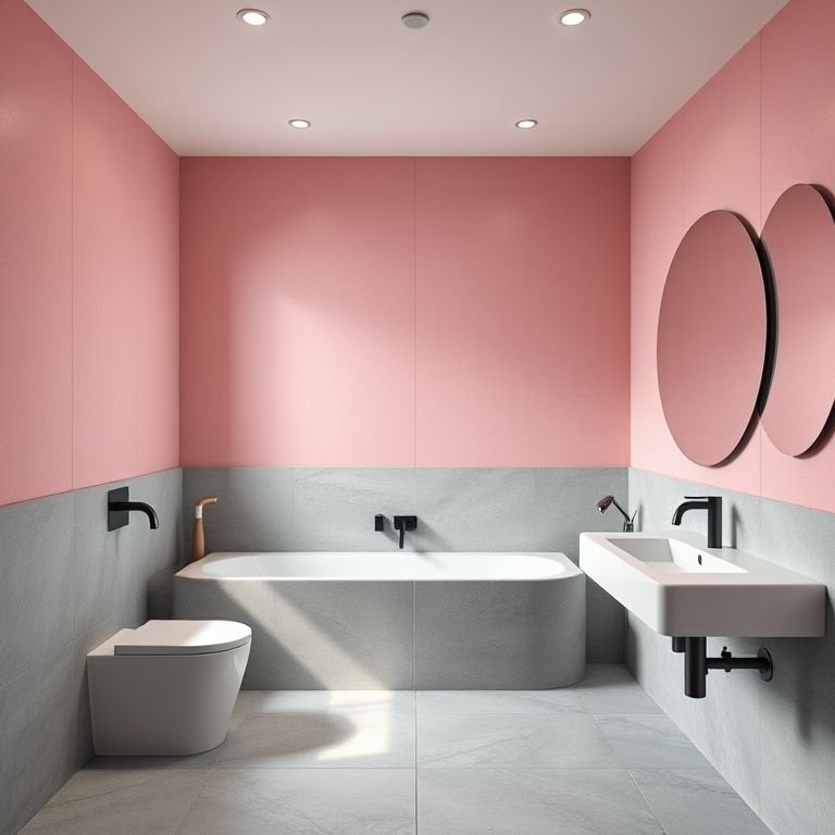 Banheiro moderno rosa e cinza com paredes de concreto e azulejos geométricos.
