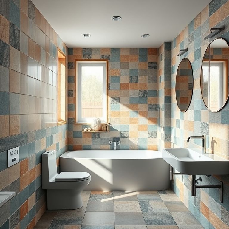 Banheiro mostrando diferentes materiais para usar em um banheiro colorido.