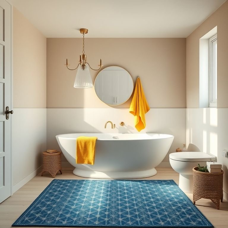 Banheiro neutro com toques de cor: toalhas amarelas vibrantes e tapete azul.