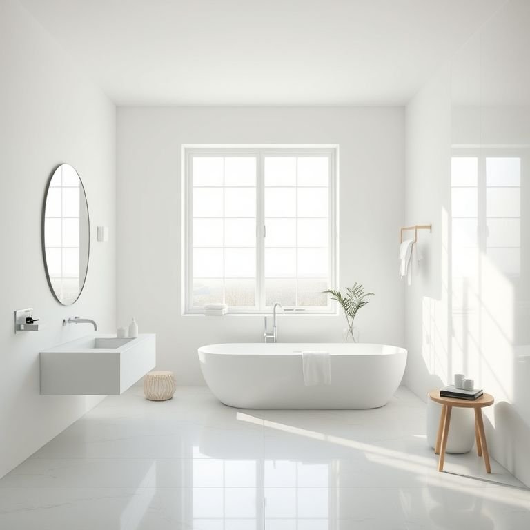 Banheiro off white amplo com grande janela e iluminação natural.