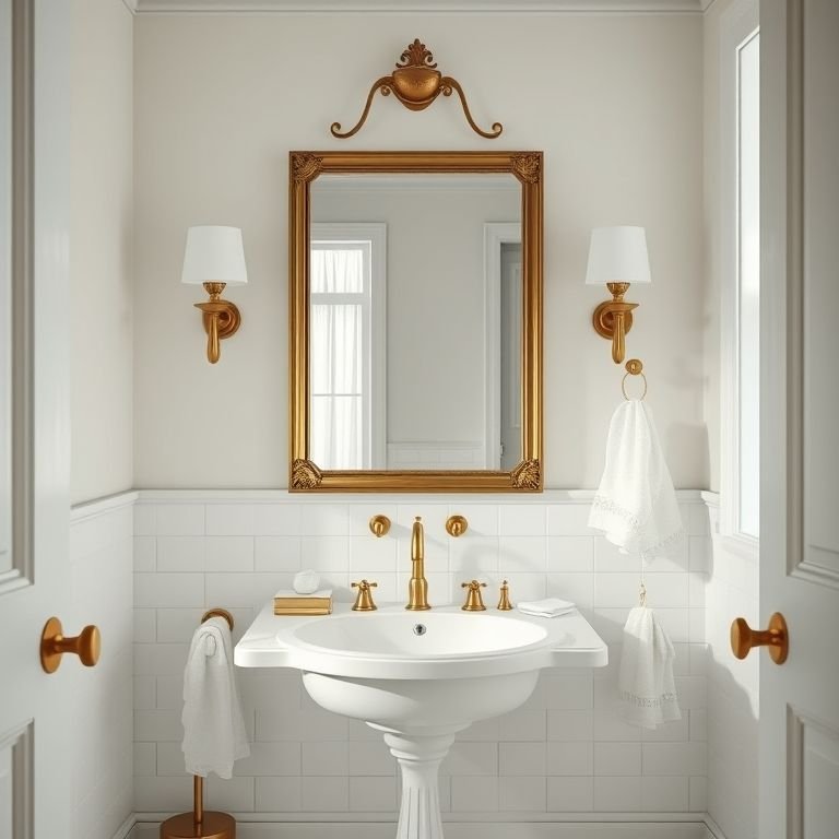 Banheiro off white com design clássico e espelho vintage.
