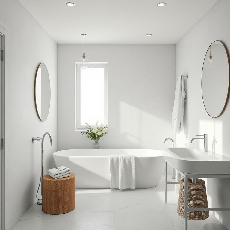 Banheiro off white com foco nas texturas e ambiente relaxante.