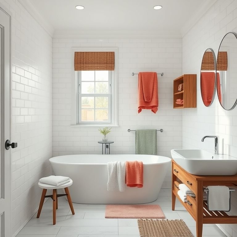 Banheiro off white com toalhas coloridas e detalhes em madeira.