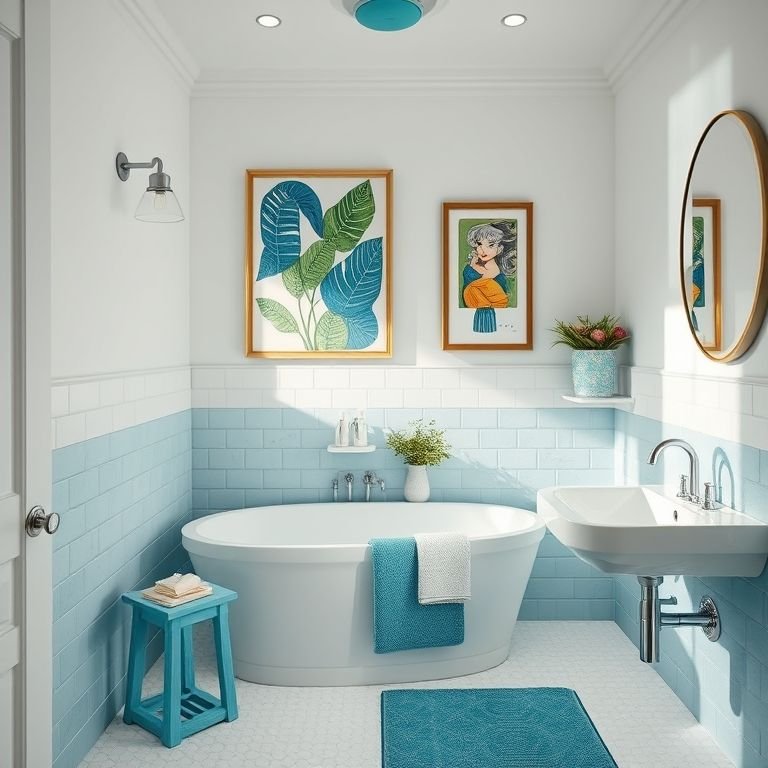 Banheiro off white com toques de azul e verde.