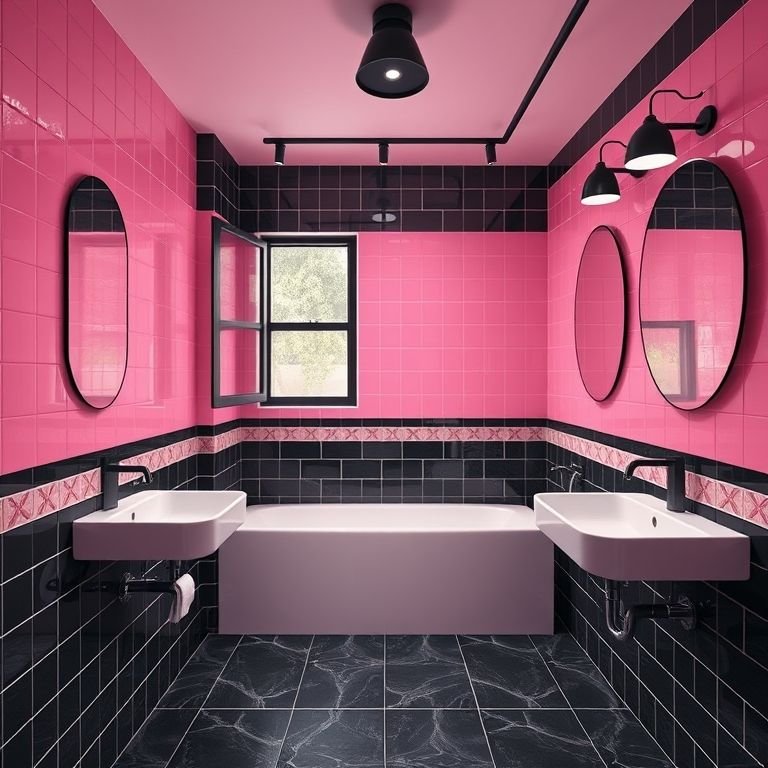 Banheiro ousado rosa e preto com azulejos contrastantes e iluminação industrial.