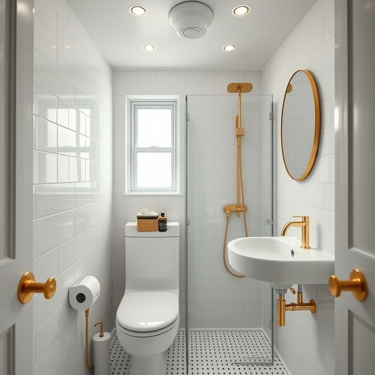 Banheiro pequeno branco e dourado com design inteligente.
