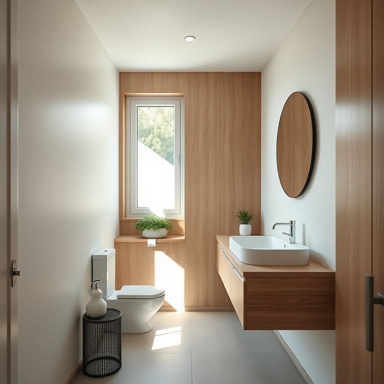 Banheiro pequeno com armário de pia suspenso.