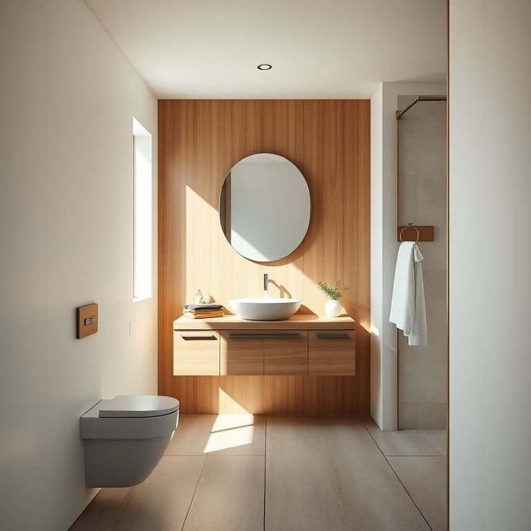 Banheiro pequeno com bancada suspensa, ampliando e facilitando a limpeza.