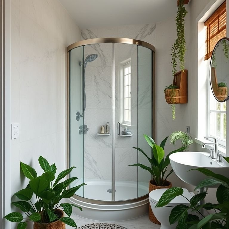 Banheiro pequeno com box de canto de vidro, otimizando o espaço.