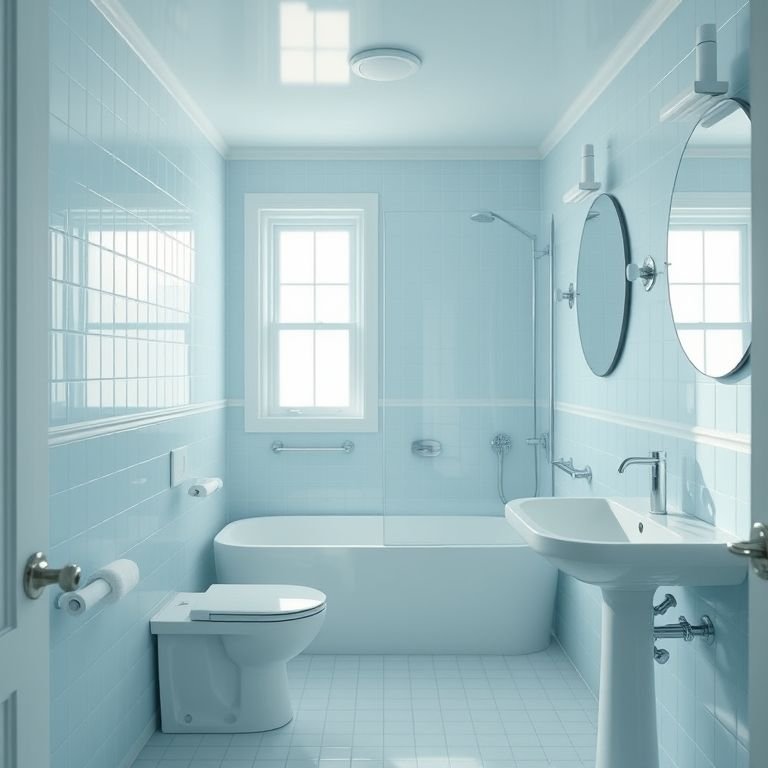 Banheiro pequeno com cores claras refletindo a luz e ampliando o espaço.