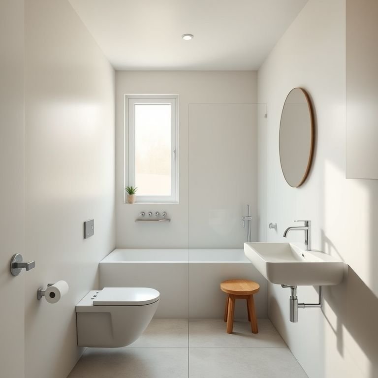 Banheiro pequeno com decoração minimalista e ambiente clean.