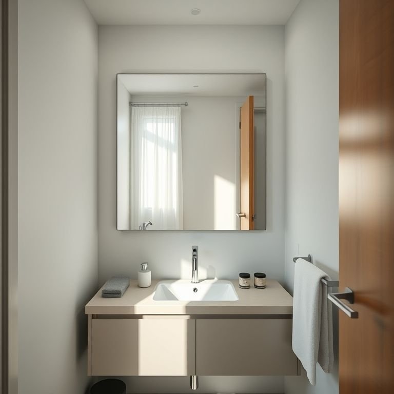 Banheiro pequeno com espelho grande acima da pia.