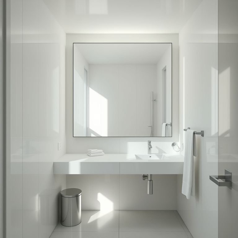 Banheiro pequeno com espelho grande, ampliando e iluminando.