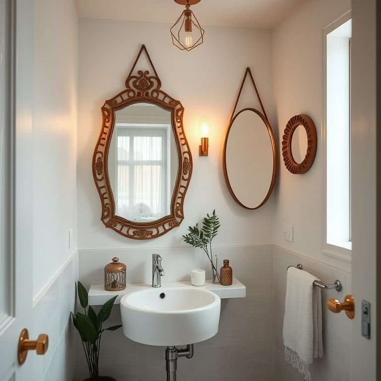 Banheiro pequeno com espelhos decorativos, cheio de personalidade.